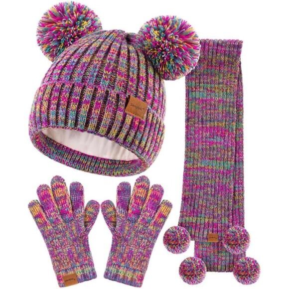 Kids Purple Winter Hat Gloves Scarf Set, Girls‎ Toddler Children Beanie Snow Cap